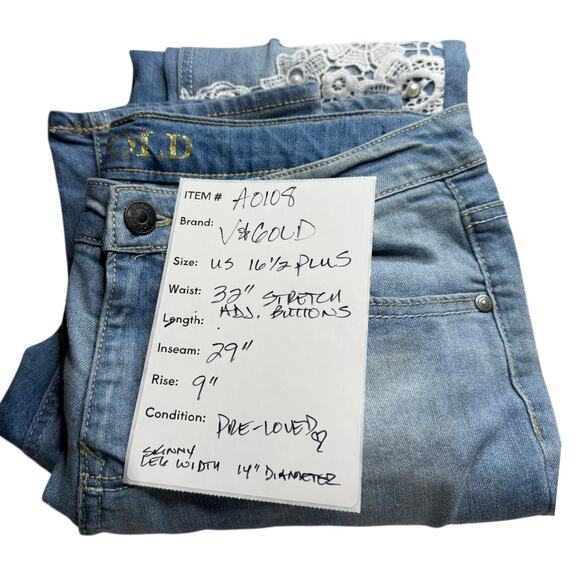 V GOLD Distressed JEANS Women's 16-1/2+ Lace Embellished Stretch Skinny Leg Blue - Picture 10 of 12